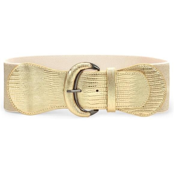 Women Stretchy Wide Waist Belt Gold - Picture 1 of 5